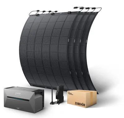 Produktbild von Kleines Kraftwerk Flexibles Balkonkraftwerk mit Speicher 900Wp – 0% MwSt – 4× Solarmodule inkl. Anker Solarbank 3 Pro – PV Anlage für Sonderflächen