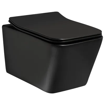 Zdjęcie produktu dla Miska wisząca WC Kerra Tinos bezkołnierzowa, z deską, czarna.