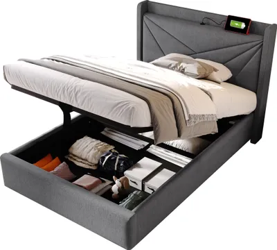 Produktbild von Polsterbett Einzelbett 90x200 cm, Grau, mit USB Typ C, Stauraum, ohne Matratze, Leinen