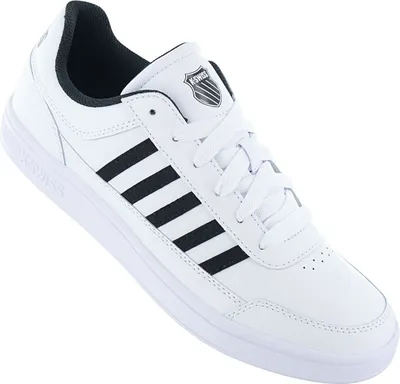 A single white K-Swiss sneaker with black stripes is shown against a white background.