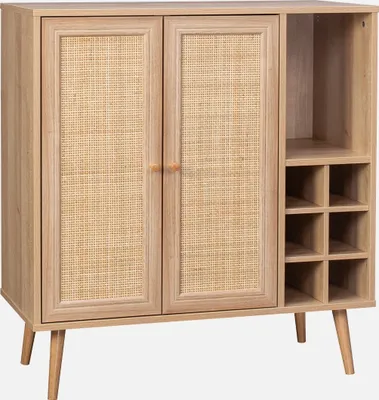 A wooden cabinet with rattan doors and wine bottle storage.