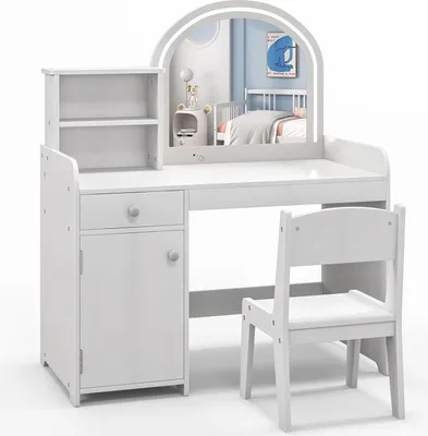 A white children's vanity desk with a mirror and a chair, set against a white background.