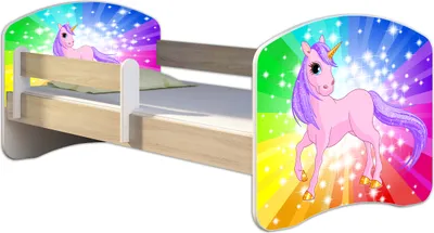 A child's bed with unicorn and rainbow graphics.