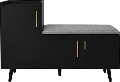 Produktbild von Merax Schuhschrank Schuhkipper mit 3 Türen, Kissen Sitzbank, asymmetrischen Metallgriffen, Schuhkommode, Schuhablage, 100×34×69cm, Schwarz