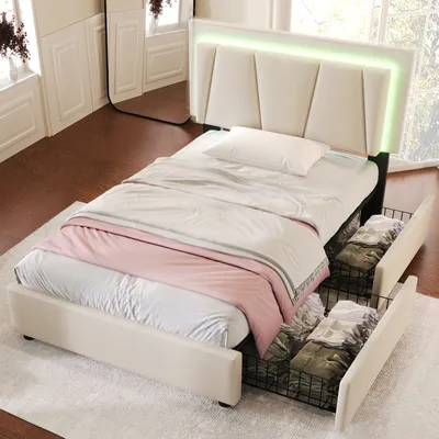Produktbild von okwish Einzelpolsterbett 90x200 cm mit LED-Beleuchtung und 2 Schubladen, höhenverstellbares Kopfteil, Stauraum Bettgestell, Holzlattenrost, Beige (ohne Matratze)