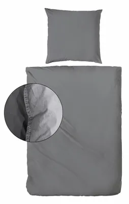 Produktbild von Hahn Linon Bettwäsche Stone Washed 100% Baumwolle Reißverschluss Bettbezug Kissenbezug Bettgarnitur Bettwäsche-Set Bettzeug 155x220 cm Anthrazit