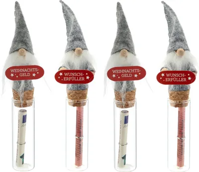 Produktbild von 4 x Wichtel mit Glasröhrchen für Geldgeschenke H 15 cm - Verpackung für Geldgeschenke - Geld Verpackung für Weihnachten