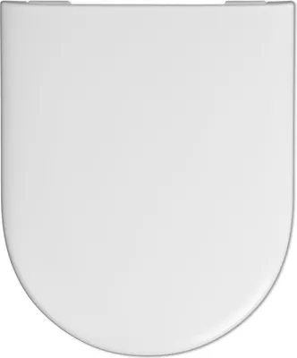 A top-down view of a white toilet seat on a white background.