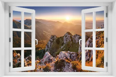 Produktbild von Wallario Poster mit Fenster-Illusion: Berglandschaft mit Sonnenuntergang in der Slowakei, Größe: 100 x 150 cm