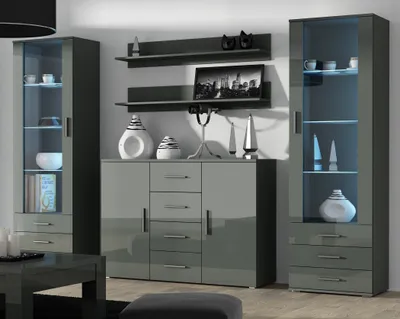 Produktbild von Furniture24 Wohnwand SOHO 3 mit Blauer LED Beleuchtung, Anbauwand, Wohnzimmerschrank, Schrankwand, Vitrine, Sideboard, Hängeregal Grau/Grau Hochglanz