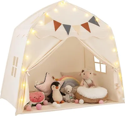 Imagen del producto de Tienda infantil para interiores, 157 x 98 x 148 cm, casita de juegos para niños con banderas y guirnaldas de luces, tienda de juegos de princesa para niños y niñas a partir de 3 años (beige)