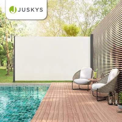 Produktbild von Juskys Seitenmarkise Dubai 300 x 180 cm ausziehbar blickdicht, Sichtschutz für Balkon & Terrasse, Seitenrollo mit Wandhalterung - beige