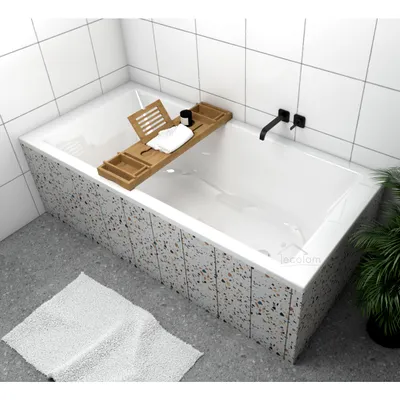 Produktbild von ECOLAM große Badewanne 190x90 cm TAMI + Bambusablage Holz Ablage Acrylwanne Rechteck Acryl weiß + Ablaufgarnitur Automatik Füße Silikon