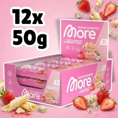 Produktbild von 12× More Protein Satisbites Strawberry Cream 50 g – Protein Bites mit Erdbeer-Creme + Heartforcards Versandschutz, KI-generiertes Bild