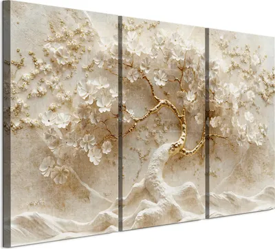 Produktbild von LUMASOUL Leinwand Bilder 90x60 cm, Leinwandbild Blumen Japandi Motiv, Wandbilder Holzrahmen und Webstuhl Wohnzimmer und Schlafzimmer, 3 teilig