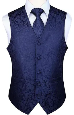 Image de Ensemble gilet, cravate et mouchoir de poche pour homme, motif jacquard bleu marine, taille XS