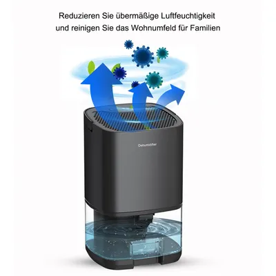 A dehumidifier is shown with arrows indicating air purification and removal of moisture and particles.