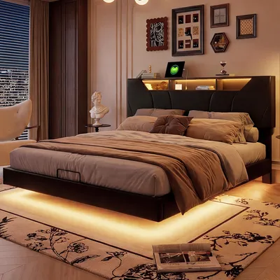 Image de Lit 140x200 cm avec LED, ports USB, coffre de rangement et tête de lit réglable