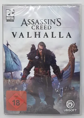 The image shows the front cover of the PC game Assassin's Creed Valhalla, which is shrink-wrapped.