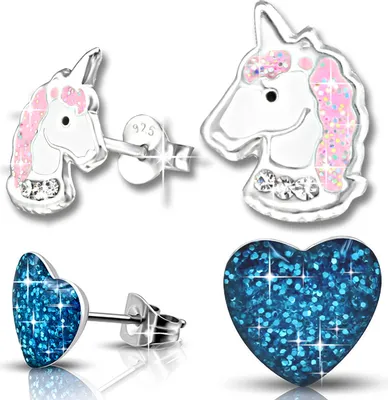 Produktbild von 2x Kinder Ohrringe Echt 925 Silber Pferde Einhorn Mädchen Ohrstecker Herz Edelstahl K207+K186