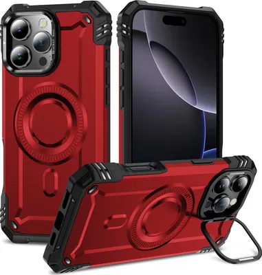 Obrázek produktu pro Magnetické pouzdro pro iPhone 16 Pro, robustní vojenské ochranné pouzdro s kamerovým kroužkem stojánkem Červený