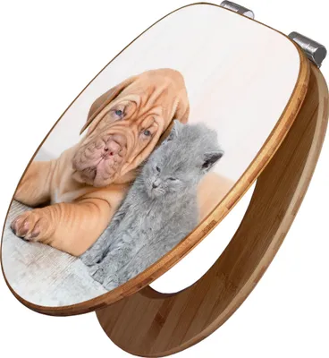 Produktbild von banjado Design WC Sitz Bambus Absenkautomatik -Hund und Katze - Toilettendeckel mit Absenkautomatik Holz/hochwertiger Bambus Klodeckel/WC-Sitz für alle gängigen Toiletten [TDB2 12031]