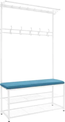 Zdjęcie produktu dla Wieszak na ubrania z ławką na buty - Wolnostojący wieszak na ubrania do przedpokoju - Ławka 100 cm - Dwie półki - Do 100 kg - Wymiary 100×33×170 cm - Wysokość siedziska 50 cm - Metalowa rama - Niebieski