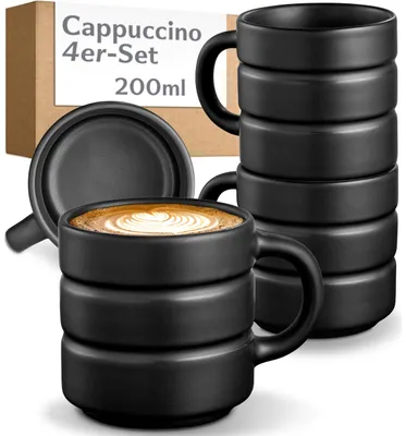 Produktbild von Cosumy 4er Cappuccino Tassen Set Schwarz - 200ml Kaffee Tasse aus Keramik