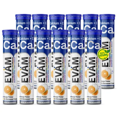 Produktbild von EVÄM Calcium + Vitamin C Brausetabletten – 12er Großpack, 240 Tbl, 4 Monate, Vegan, Immunsystem & Knochen, Zuckerfrei,  Germany