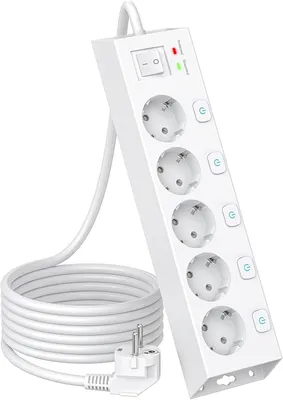 Imagen del producto de Regleta de enchufes - Con interruptor individual para cada enchufe - 5 enchufes - Múltiples tomas de corriente - Para montaje en pared, con protección contra sobretensiones