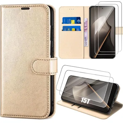 Image de Coque + 2 Verres Trempés pour Xiaomi 15T, Protection Intégrale Anti-Rayures Cuir Synthétique - Doré