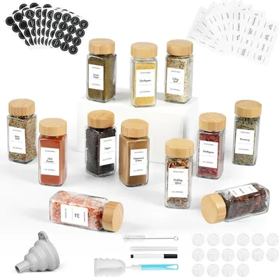 Image de FRIBERG Bocaux à épices Coin Couvercle en bois Set de 12 bocaux de 120ml - Set de bocaux à épices Cuisine Rangement