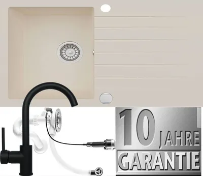 Produktbild von Granitspüle Küchenspüle Armatur Granit Siphon Einbauspüle Spülbecken Spüle76x45 Beige