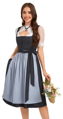 Produktbild von YesFashion Dirndl Damen Set 3tlg. Exklusives Trachtenkleid Jacquard, Schš¹rze und Spitzenbluse Midi Dirndl, Marineblau, 50