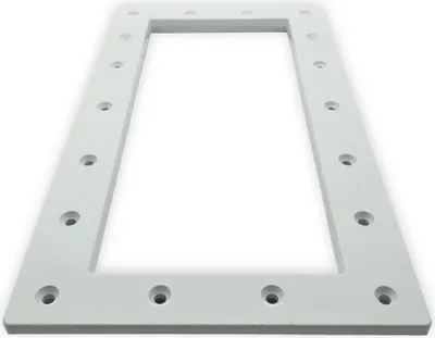 A white rectangular frame with holes around the edge, likely a part for a pool skimmer.