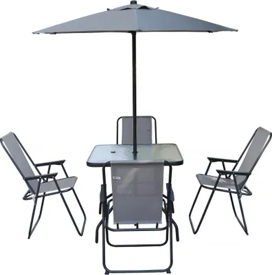 Produktbild von Gartentisch und -stühle mit Sonnenschirm aus Metall "Convivia" - 4 Plätze - Hellgrau