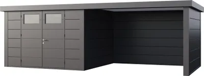 Produktbild von Telluria Metallgerätehaus Classico 3330 mit Lounge Anbau (ca. 450 cm Breite) granitgrau/anthrazit Lounge-Anbau rechts