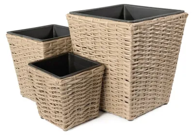 Produktbild von di volio Pflanzkübel Set POZA 3 quadratische Polyrattan Blumentöpfe Beige