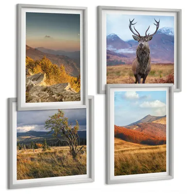 Produktbild von Bilder Set 4-teilig im silbergerahmten Rahmen – Wandbilder 4 Stück – gerahmte Poster für Wohnzimmer, Schlafzimmer und Flur – 50x50 cm - 40x60 cm – Berglandschaften, Hirschgras