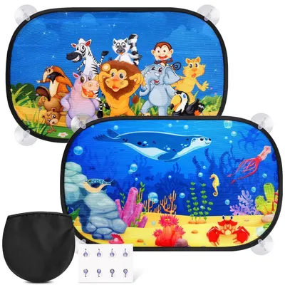 Produktbild von Sonnenschutz Auto Baby 2 Stück UV Schutz 51x31cm Kinder Fenster 8 Saugnäpfe Tiermuster Blau