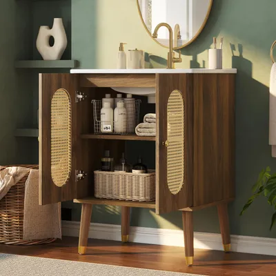 Immagine prodotto di Mobiletto da bagno Flieks con ante in rattan traspirante, lavabo con ripiani fissi e ampio spazio di stoccaggio, senza rubinetto, mobile, noce