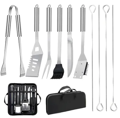 Produktbild von Grillbesteck-Set 11-tlg 34 cm Edelstahl Grillzubehör mit Grillzange Grillgabel Tragbare Grillkoffer Praktisch Multifunktional BBQ Grillset silbrig 11 PCS
