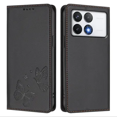 Produktbild von Lederhülle für Xiaomi Poco F6 Pro, Schmetterling Prägung Leder Brieftasche Schutzhülle mit Ständer Schwarz
