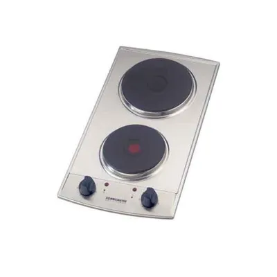 A silver electric stovetop with two black burners, set against a white background.