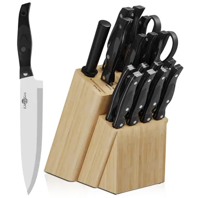 Produktbild von KAZUSHI Messerblock mit Messern - 19-teiliges Set, Holz-Messerblock mit professionellem Messerset, Kitchen Essentials