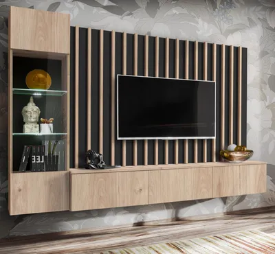 Produktbild von Wohnwand "Pearl" in Jackson Eiche und schwarz Schrankwand 220 cm inklusive LED Beleuchtung, Push-to-Open