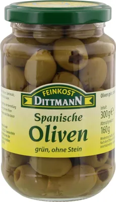 Produktbild von Feinkost Dittmann Spanische Grüne Oliven ohne Stein im Glas 300g