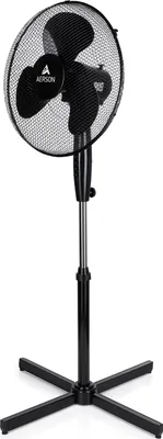 A black AERSON stand fan is shown against a white background.