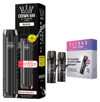 Produktbild von Al Fakher Crown Bar 600 Pod Kit Schwarz – 500 mAh Akkuträger inkl. 2 x 0,8 Ohm Leerpods, USB-C, 2 ml Pod System, DTL & MTL, wiederaufladbar, ohne Liquid