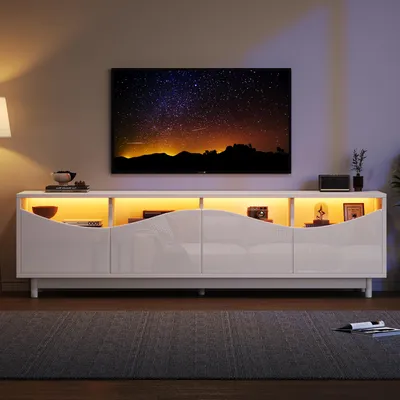Produktbild von TV-Schrank, geschwungenes Design, Hochglanz, gehärtetes Glas, LED, Entertainment-Möbel, Schlafzimmer, Wohnzimmer, 175x38x51